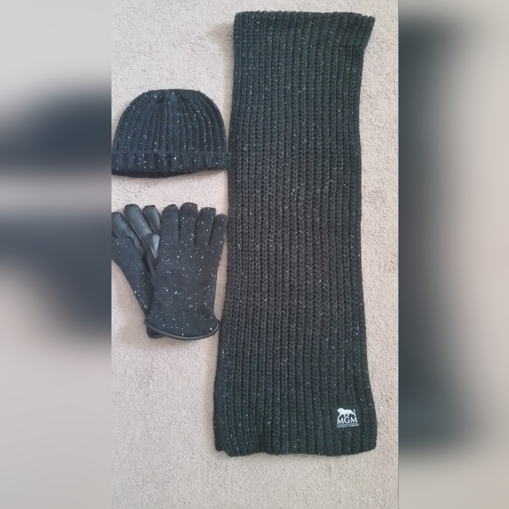 Hat Scarf Glove Set Crocheted Knit Black Outerwear Winter